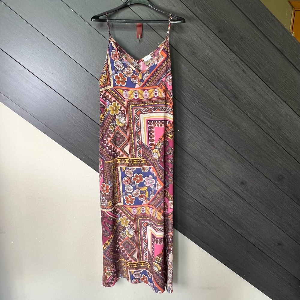 12PM Women's Boho Patchwork Print Maxi Dress Sleeveless Pockets Size Large